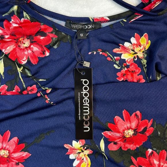 Papermoon Womens Blouse Navy Floral Spaguetti Strap Top Sz 1X Crisscross Back - Picture 3 of 10